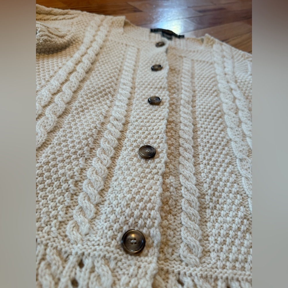 Inis Crafts 100% Wool Cardigan Sweater Cable Knit Square Neck Ivory Womens Sz M - Picture 7 of 15
